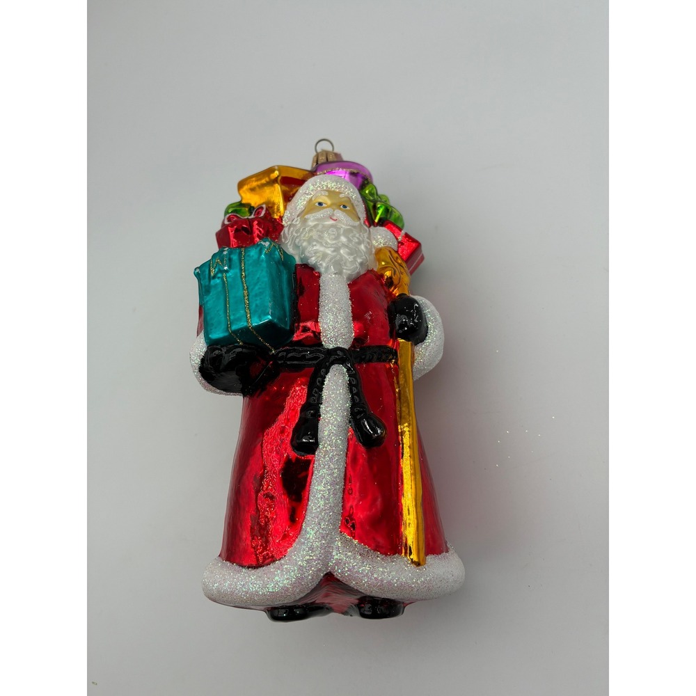 Vintage Polish Glass Santa Claus Ornament Red Metallic Glitter Toy Sack 6.5"